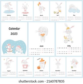 Concept of children's calendar for 2023 with a cute bunny character. All pages. A set with a adorable animal, rabbits in pastel colors. Used free font. Vector illustrations on a white background