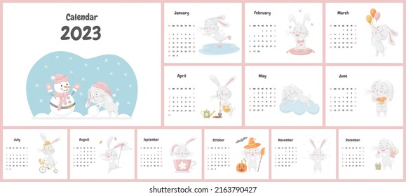 Concept of children's calendar for 2023 with a cute bunny character. All pages. A set with a adorable animal, rabbits in pastel colors. Used free font. Vector illustrations on a white background