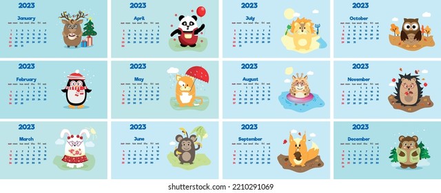 The concept of a children's calendar for 2023 with cute characters on all pages is a set with adorable animals