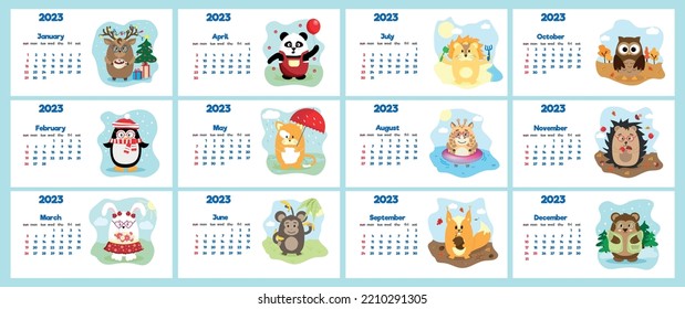 The concept of a children's calendar for 2023 with cute characters on all pages is a set with adorable animals
