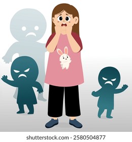 Concept of children's fears. Scared child cartoon character standing with ghost shadow. Depressed 
childern crying, and covering his face, suffers from bullying. Stop violence Concept. Vector 