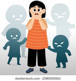 Concept of children's fears. Scared child cartoon character standing with ghost shadow. Depressed 
childern crying, and covering his face, suffers from bullying. Stop violence Concept. Vector 