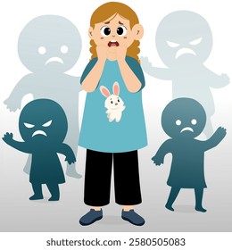 Concept of children's fears. Scared child cartoon character standing with ghost shadow. Depressed 
childern crying, and covering his face, suffers from bullying. Stop violence Concept. Vector 