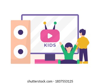 the concept of a children's show or channel. illustration of boys and girls watching TV and listening to voices on speakers. kids activities. flat style. design elements