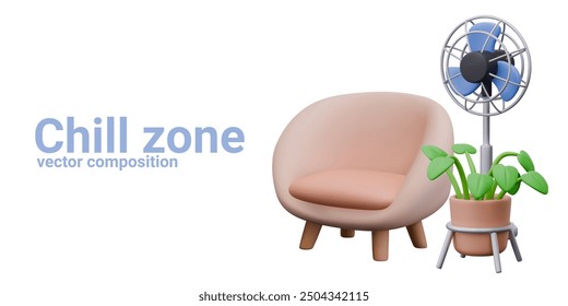 Concept of chill zone in 3D cartoon style. Furniture, house plants and electrical appliances