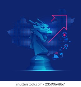 concept of China business metaphor, graphic of dragon chess piece with economy element