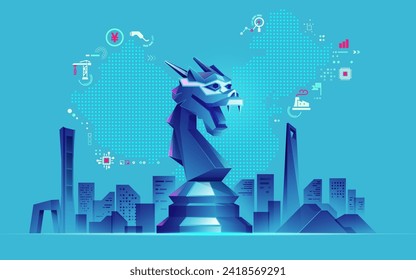 concept of China business tech metaphor, graphic of dragon chess piece with economy element