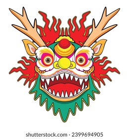 Concept of Chinese dragon head or face drawing in colorful cartoon vector