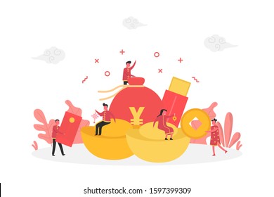 concept of Chinese new year celebration with happy tiny people character and gold money, vector flat illustration for web, landing page, ui, banner, editorial, mobile app and flyer