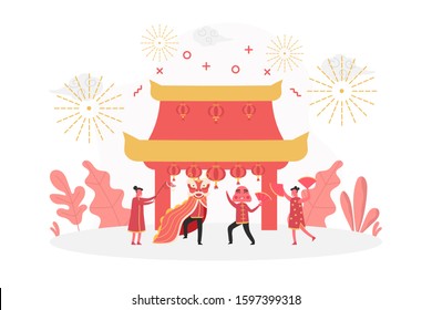 concept of Chinese new year celebration with happy tiny people character playing lion dance, vector flat illustration for web, landing page, ui, banner, editorial, mobile app and flyer