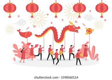 concept of Chinese new year celebration with tiny people character celebrating and playing dragon dance, vector flat illustration for web, landing page, ui, banner, editorial, mobile app and flyer
