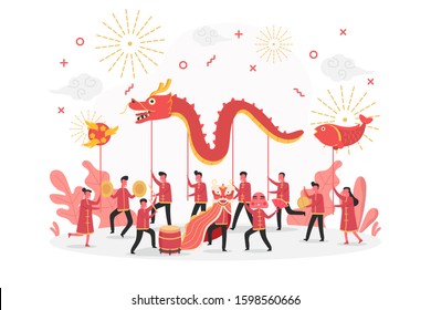 concept of Chinese new year celebration with tiny people character celebrate and play dragon and lion dance, vector flat illustration for web, landing page, ui, banner, editorial, mobile app and flyer