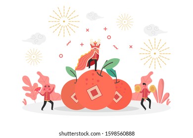 concept of Chinese new year celebration with tiny people character celebrate and big oranges, vector flat illustration for web, landing page, ui, banner, editorial, mobile app and flyer