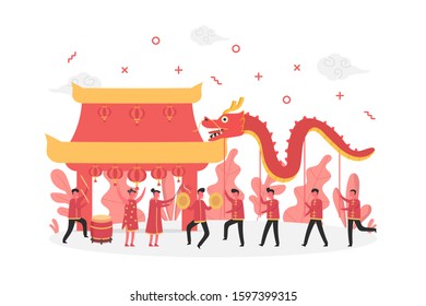 concept of Chinese new year festival celebration with happy tiny people character playing dragon dance, vector flat illustration for web, landing page, ui, banner, editorial, mobile app and flyer