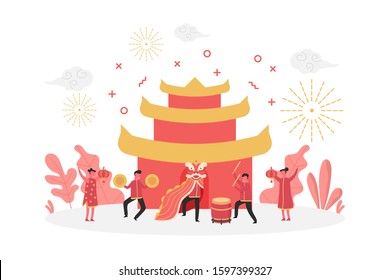 concept of Chinese new year festival celebration with happy tiny people character playing lion dance, vector flat illustration for web, landing page, ui, banner, editorial, mobile app and flyer
