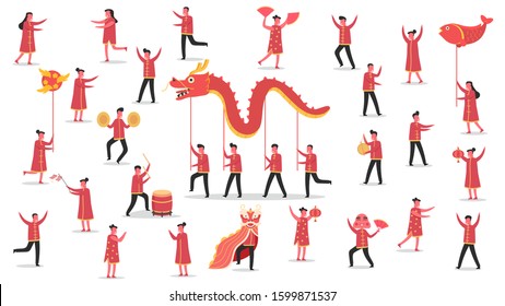 concept of Chinese new year holiday celebration with group of tiny people together, cartoon character flat vector illustration design