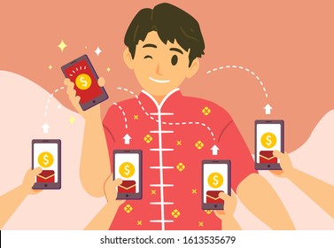 Concept of Chinese new year with people congratulate and send red envelope to each other.Vector flat illustration for web, landing page, banner, editorial, mobile app.