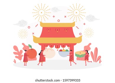 concept of Chinese new year with tiny people character bring foods to pray respect ancestors at shrine, vector flat illustration for web, landing page, ui, banner, editorial, mobile app and flyer