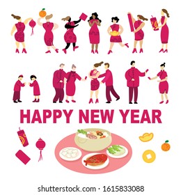 Concept of Chinese new year with tiny characters in traditional clothes.Greeting Card. Vector flat illustration for web, landing page, banner, editorial, mobile app.