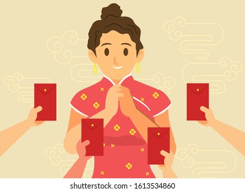 Concept of Chinese new year.People congratulate and send red envelope to each other.Vector flat illustration for web, landing page, banner, editorial, mobile app.