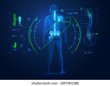 concepto de tecnología quiropráctica o tratamiento médico de columna, gráfico de hueso dorsal humano con interfaz de rayos X