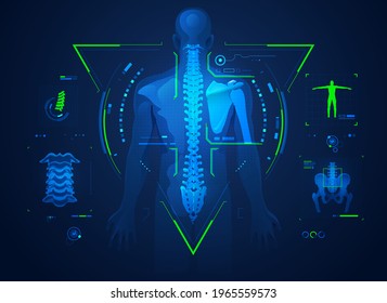 Concept Of Chiropractic Technology Or Spine Medical Treatment, Graphic Of Human Back Bone With X-ray Interface