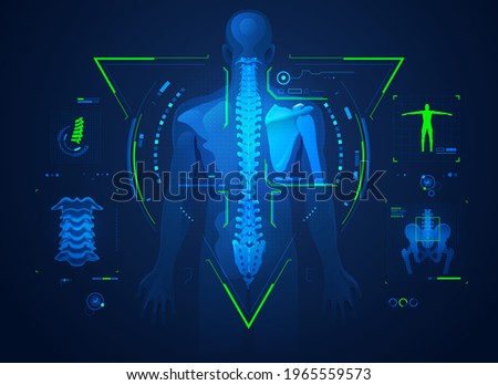 concept of chiropractic technology or spine medical treatment, graphic of human back bone with x-ray interface