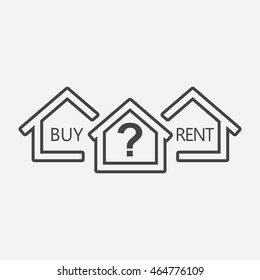 Concept of choice between buying and renting house in line style. Black home icon with the question. Vector illustration in flat style on white background.