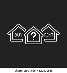 Concept of choice between buying and renting house in line style. Home icon with the question. Vector illustration in flat style on black background.