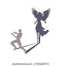 Concept of choice between good and bad. Moral dilemma, conscience, temptation, inner conflict, and ethics. Zombie casting a female angel shadow. Religion and psychology.
