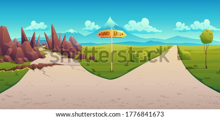 Concept of choice between hard and easy way. Vector cartoon landscape with road fork, direction sign, curvy path with rocks and straight simple road. Problem of choosing way