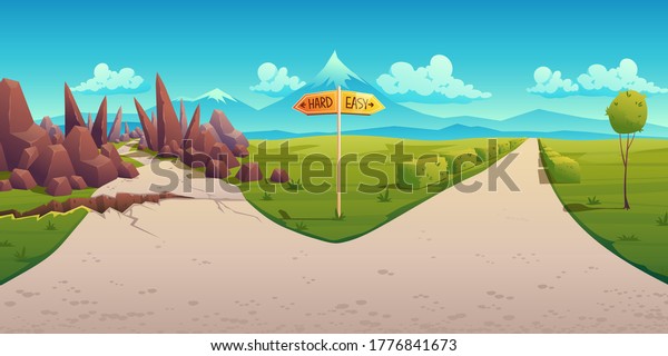 Concept of choice\
between hard and easy way. Vector cartoon landscape with road fork,\
direction sign, curvy path with rocks and straight simple road.\
Problem of choosing\
way
