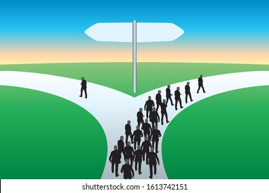 Concept of choice and difference showing a path that separates in two directions with a single man, who decides to take a path opposite to his group.