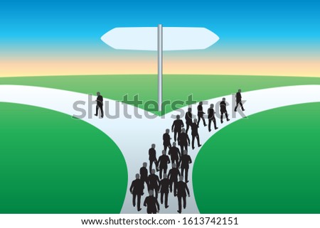 Concept of choice and difference showing a path that separates in two directions with a single man, who decides to take a path opposite to his group.