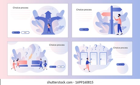 Concept choice of directions. Tiny people choosing. Screen template for mobile smart phone, landing page, template, ui, web, mobile app, poster, banner, flyer. Modern flat cartoon style. Vector