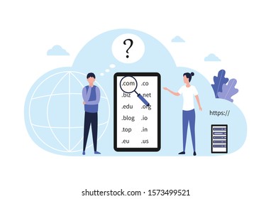 Concept choice domain name registration. A pensive man with a hand near the sub-gate decides which domain to choose for his website, online store, blog, landing page. Flat vector illustration isolated