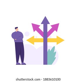 a concept of choice and future goal, direction or road, guide. illustration of man thinking of choosing the right path. take decisions and risks. flat style. vector design elements