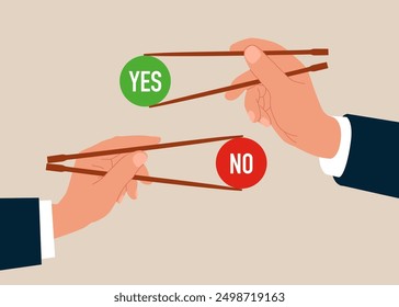 Concept of Choice. Gamma arms fingers hold chopsticks with YES and NO banner. Modern flat vector illustration.