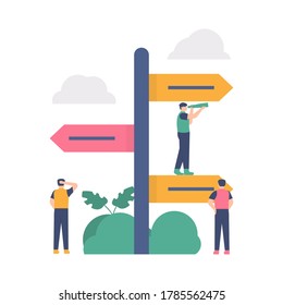 concept of choice, getting lost, brainstorming. illustration of a team working together to find a right path. design. can be used for elements, landing pages, UI, websites.