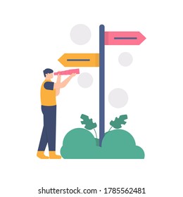 concept of choice, getting lost, brainstorming. illustration of a man standing in front of a road sign to find the right path. design. can be used for elements, landing pages, UI, websites.