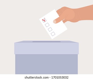 Concept of choice. Hand puts questionnaire in ballot box. White sheet template with check mark. List of candidates, suffrage, polling. Flat vector illustration isolated on gray background. Copy space