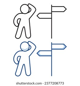 Concept of choice. Metaphor of lifes problems. Correct decision chosing.Confused young guy.Person standing at crossroad.Business decision making.Thinking which way to go.Outline vector illustration.