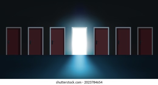 Concept of choice and mystery with seven doors lined up, six of which are closed and one open to a bright exterior.