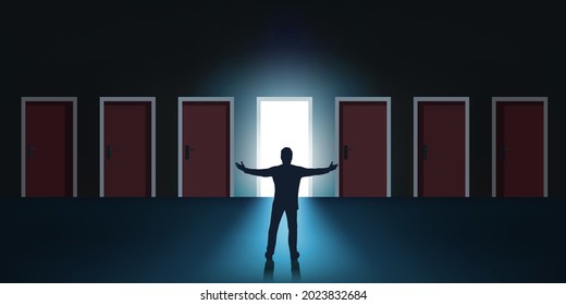 Concept of choice and an opportunity to be seized with a man facing seven aligned doors, one of which is open to a bright exterior.