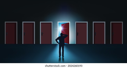 Concept of choice and an opportunity for a man who finds himself in front of seven doors lined up, one of which is mysteriously open.