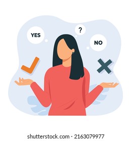 Concept of choice, selection, answer, reply, accept of refuse. Young girl standing confusedly to choose YES or NO. Vector illustration.