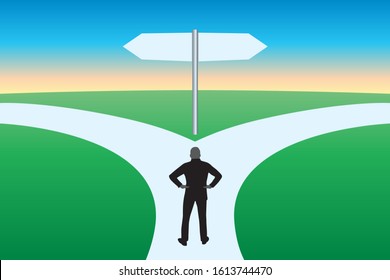 Concept of choice showing a lonely man facing a path that divides in two directions and who questions the direction he should follow.