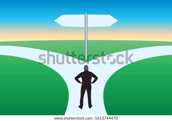 Concept of choice showing a lonely man facing a\
path that divides in two directions and who questions the direction\
he should follow.