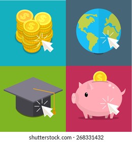 Concept of choice, white cursor clicks to earth, money, piggy bank and Graduation cap. Flat design