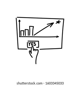 The concept of choice. Workflow, growth, graphics. Business development, increase in income, production. Hand presses the button YES, hand drawn, doodle style.